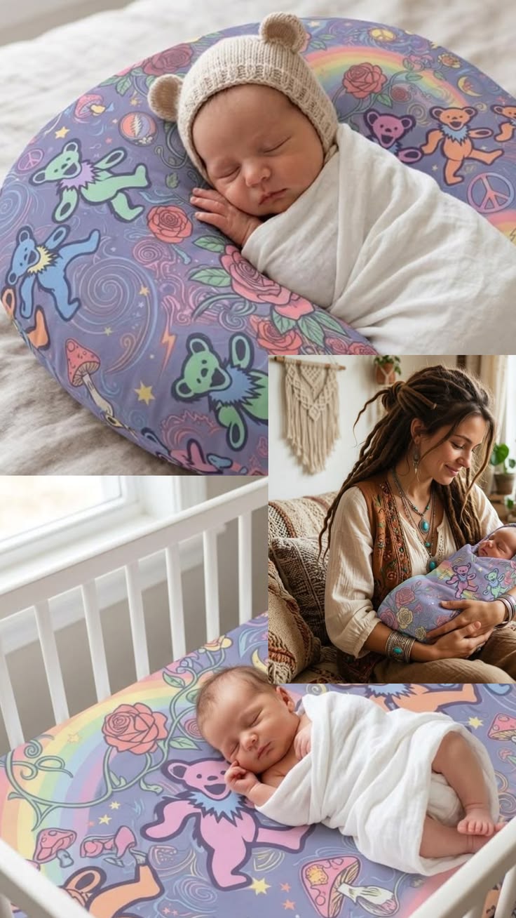 Gift for a Deadhead, Grateful Dead , Dancing Rainbow Bears Nursing Pillow Cover | Psychedelic Peace Floral Pattern