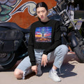 Cosmic Visionary Figure Cropped Sweatshirt | Sunrise Cityscape, Sacred Geometry, Black Rock City, Burning Man Quest
