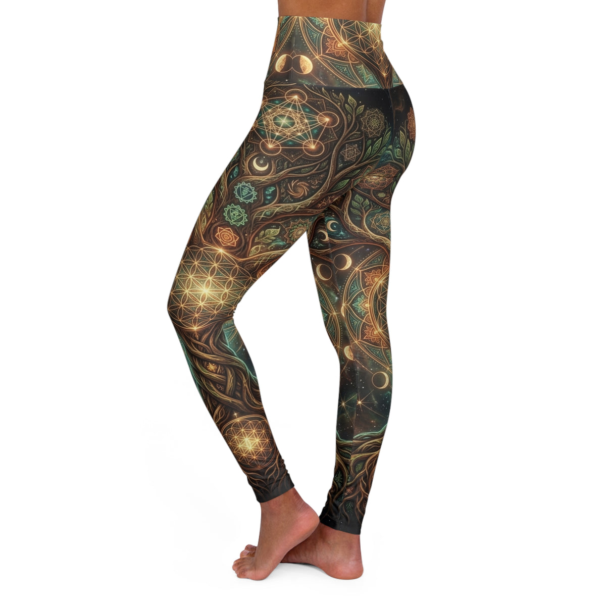 Sacred Geometry Leggings Celestial Mandala Pattern, Trippy Earthy Organic Line Work Boho Festival Apparel Pants