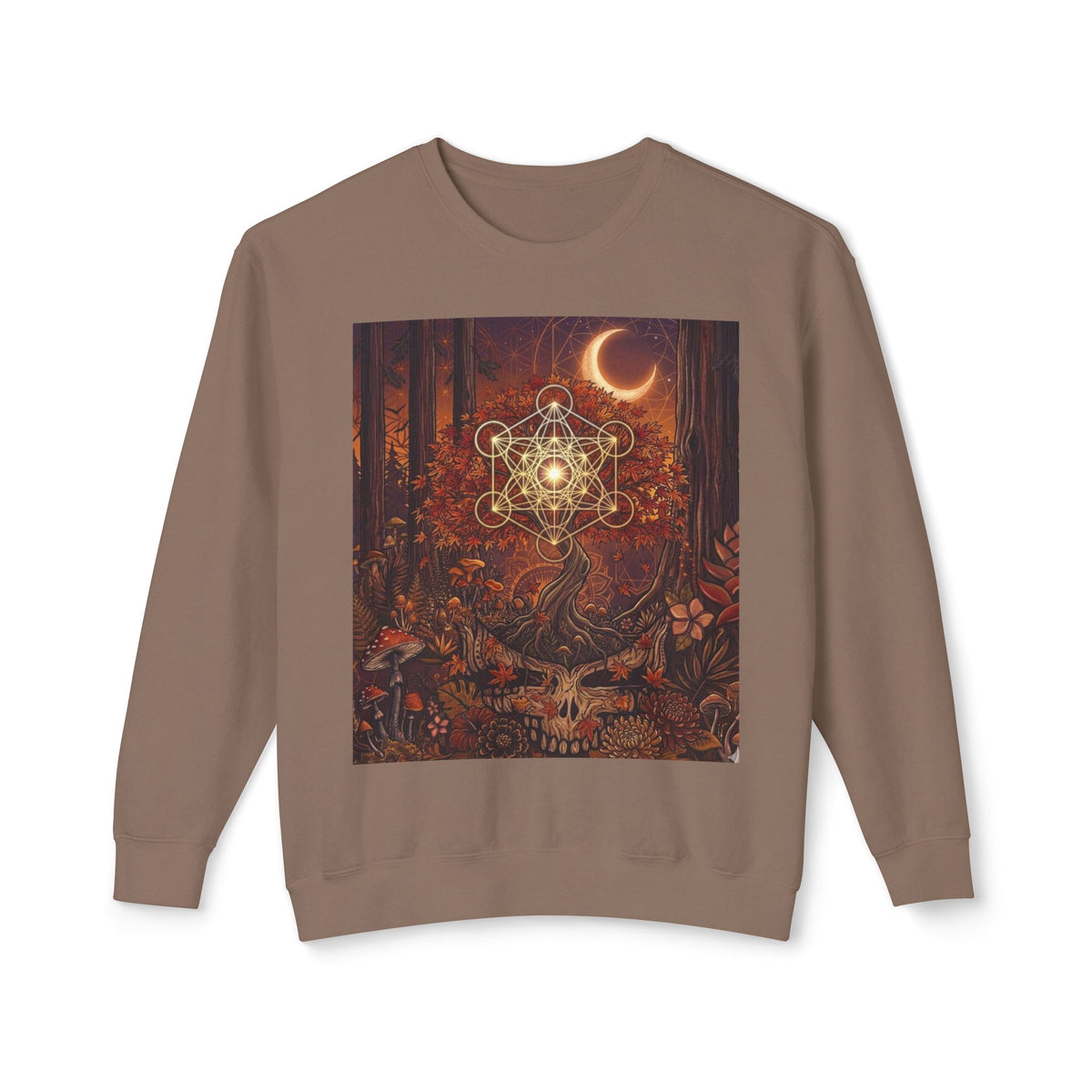 Forest Skull with Sacred Geometry Sweatshirt | Crescent Moon, Autumn Mushroom Scene, deadhead gift