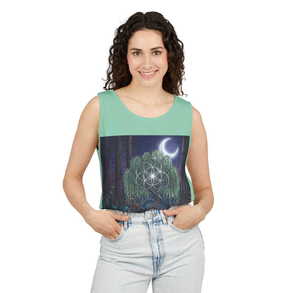 Mystical Moonlit Forest Tree Tank Top | Crescent Moon, Geometric Flower of Life
