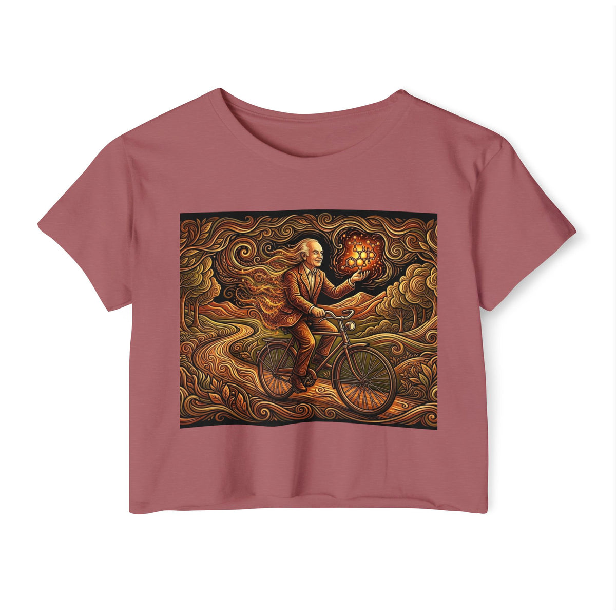 Albert Hoffman Bicycle Lantern Rider Crop Top | Whimsical Night Ride Artwork