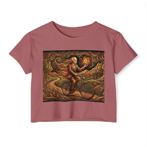 Albert Hoffman Bicycle Lantern Rider Crop Top | Whimsical Night Ride Artwork