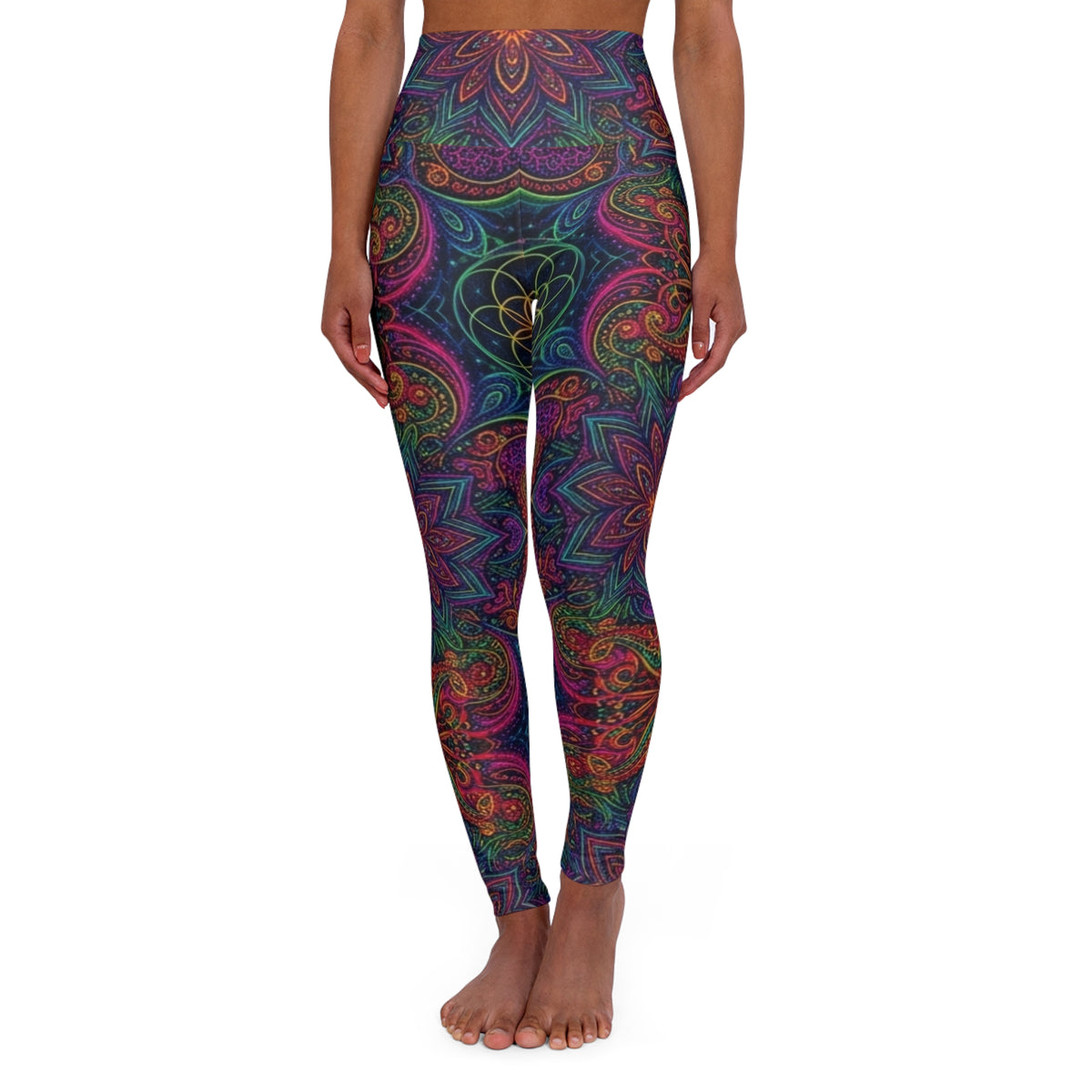 Psychedelic Mandala Leggings | High Waisted  Floral Swirl Print, Trippy Neon Fractal Pants Bohemian Festival Rave Wear
