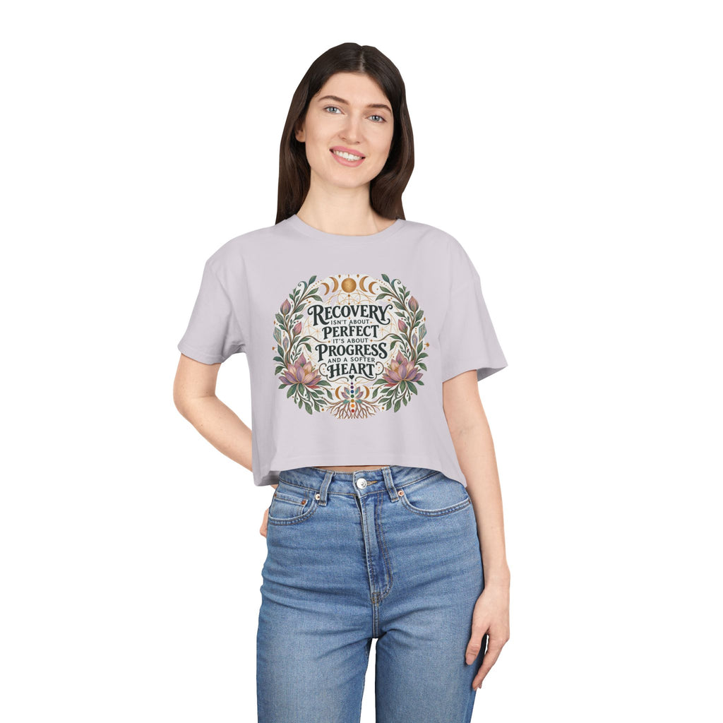 Recovery Is Progress Crop Tee | Floral Laurel Design, Inspirational Quote