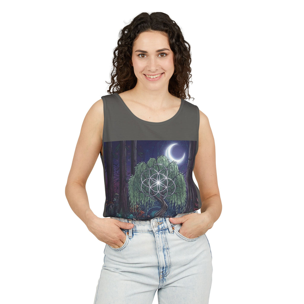 Mystical Moonlit Forest Tree Tank Top | Crescent Moon, Geometric Flower of Life