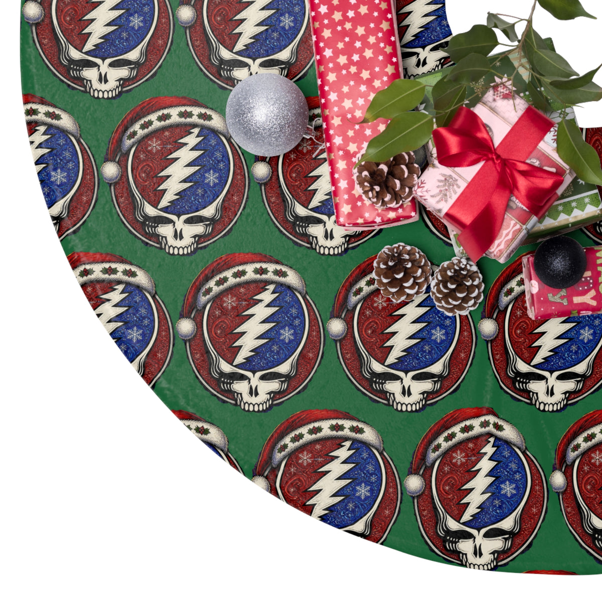 Grateful Dead Steal Your Face Pattern Christmas Tree Skirt | Holiday Band Logo Skirt