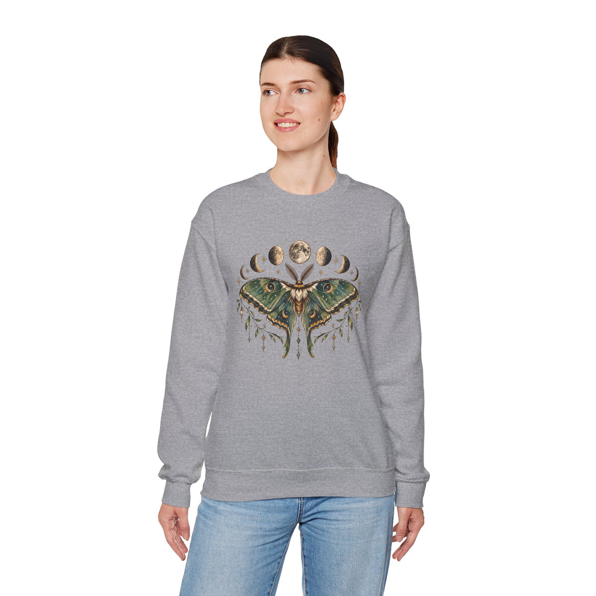 Luna Moth and Moon Phases Sweatshirt | Botanical Moth Illustration