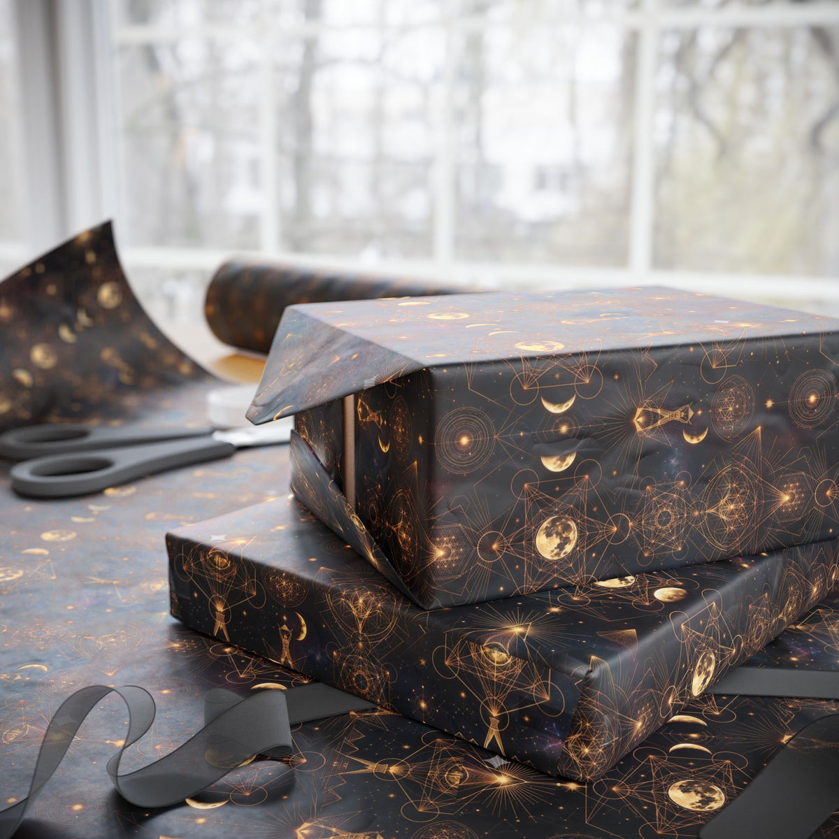 Gold Geometric Orb Pattern Wrapping Paper | Celestial Abstract Gift Wrap