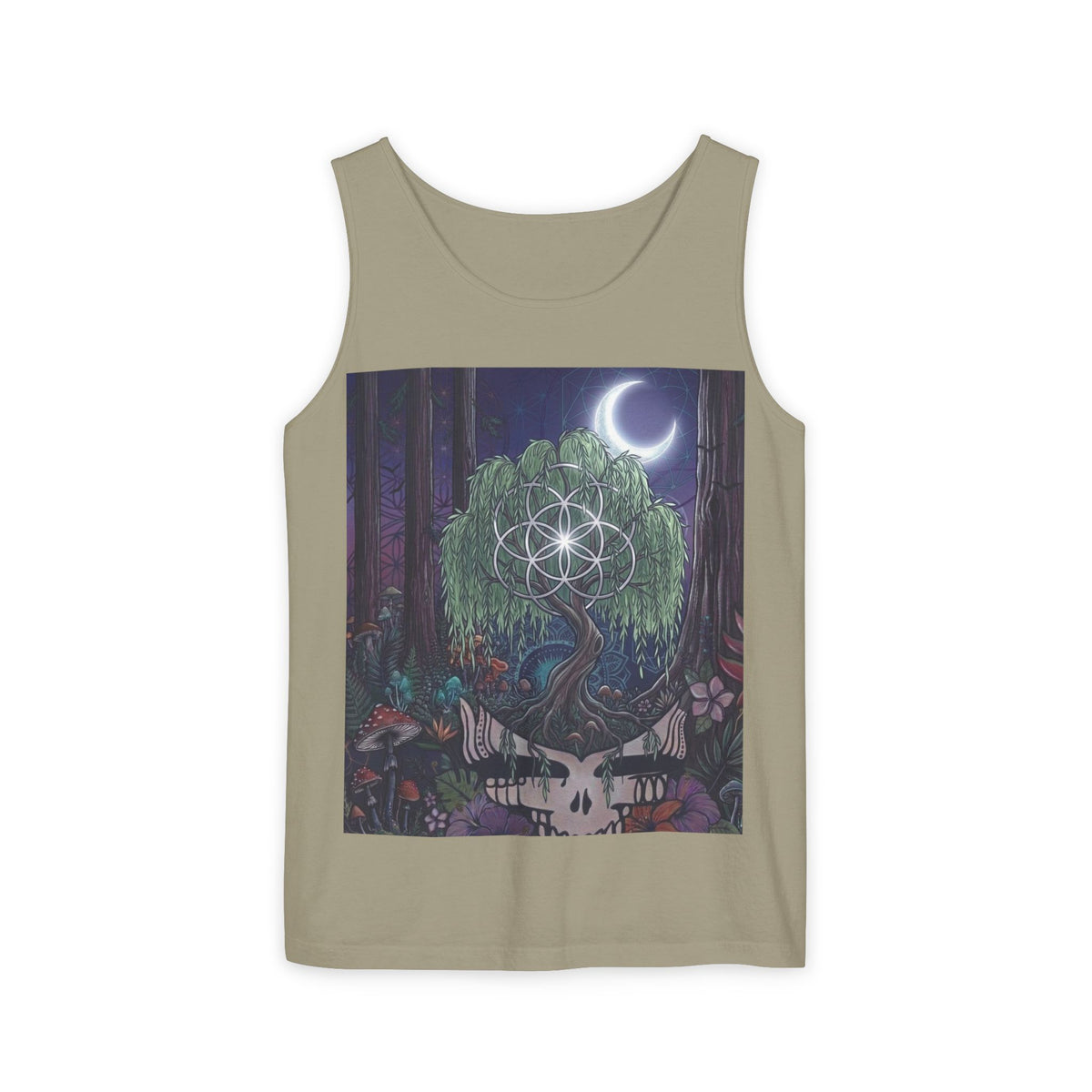 Mystical Moonlit Forest Tree Tank Top | Crescent Moon, Geometric Flower of Life
