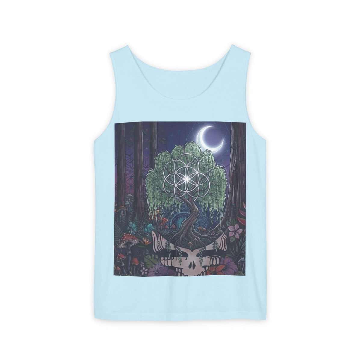 Mystical Moonlit Forest Tree Tank Top | Crescent Moon, Geometric Flower of Life