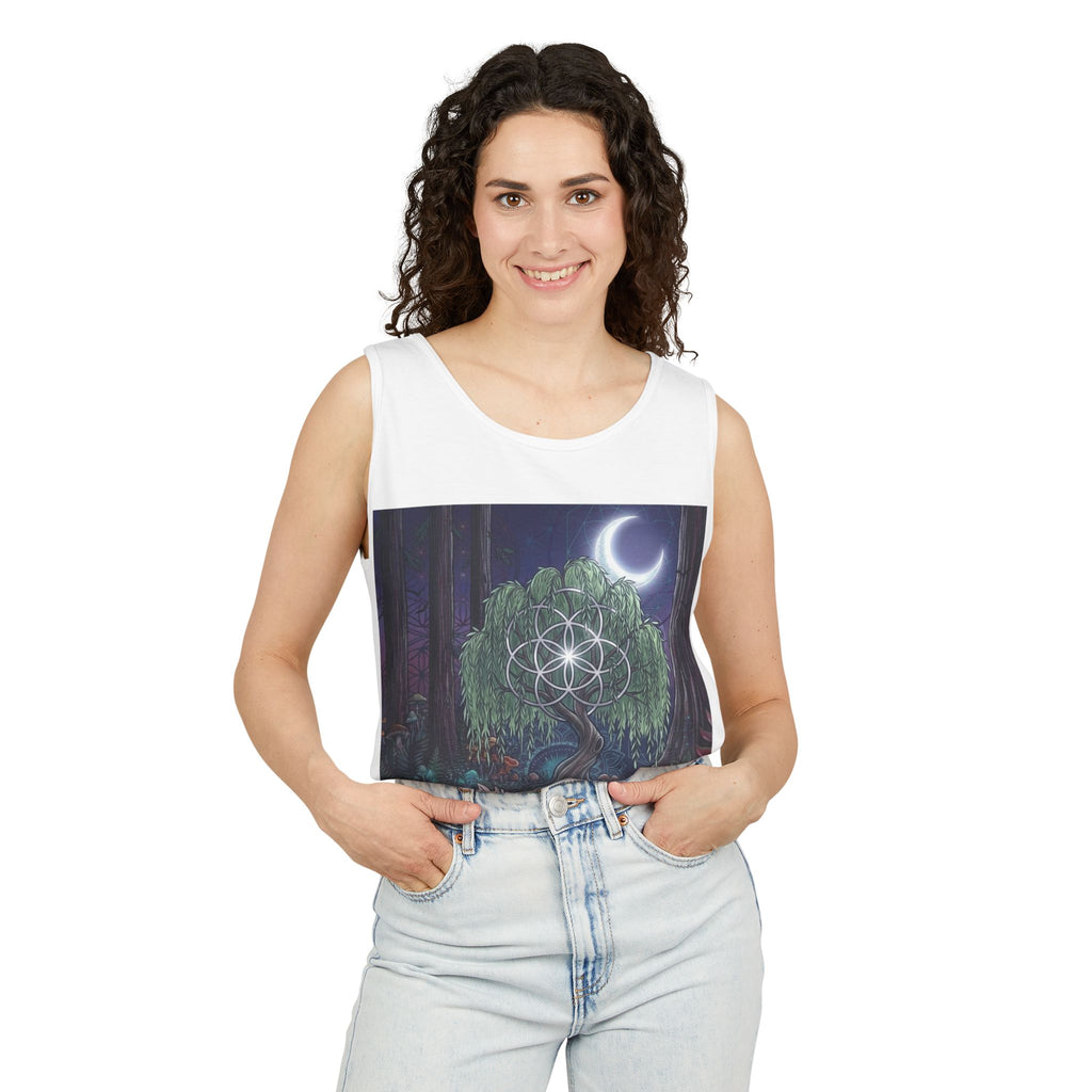 Mystical Moonlit Forest Tree Tank Top | Crescent Moon, Geometric Flower of Life
