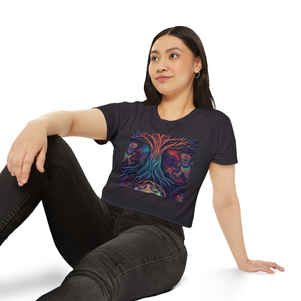 Deadhead Psychedelic Tree of Life Crop Top | Neon Cosmic Faces Festival Shirt, Trippy Sacred Geometry Mandala Tee