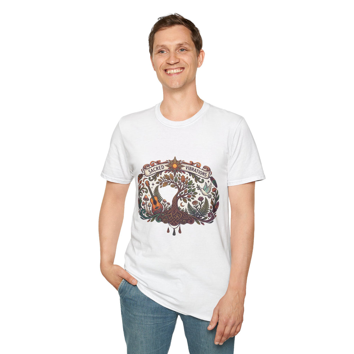 Sacred Vibration peacock and guitar T-Shirt | floral folk art design