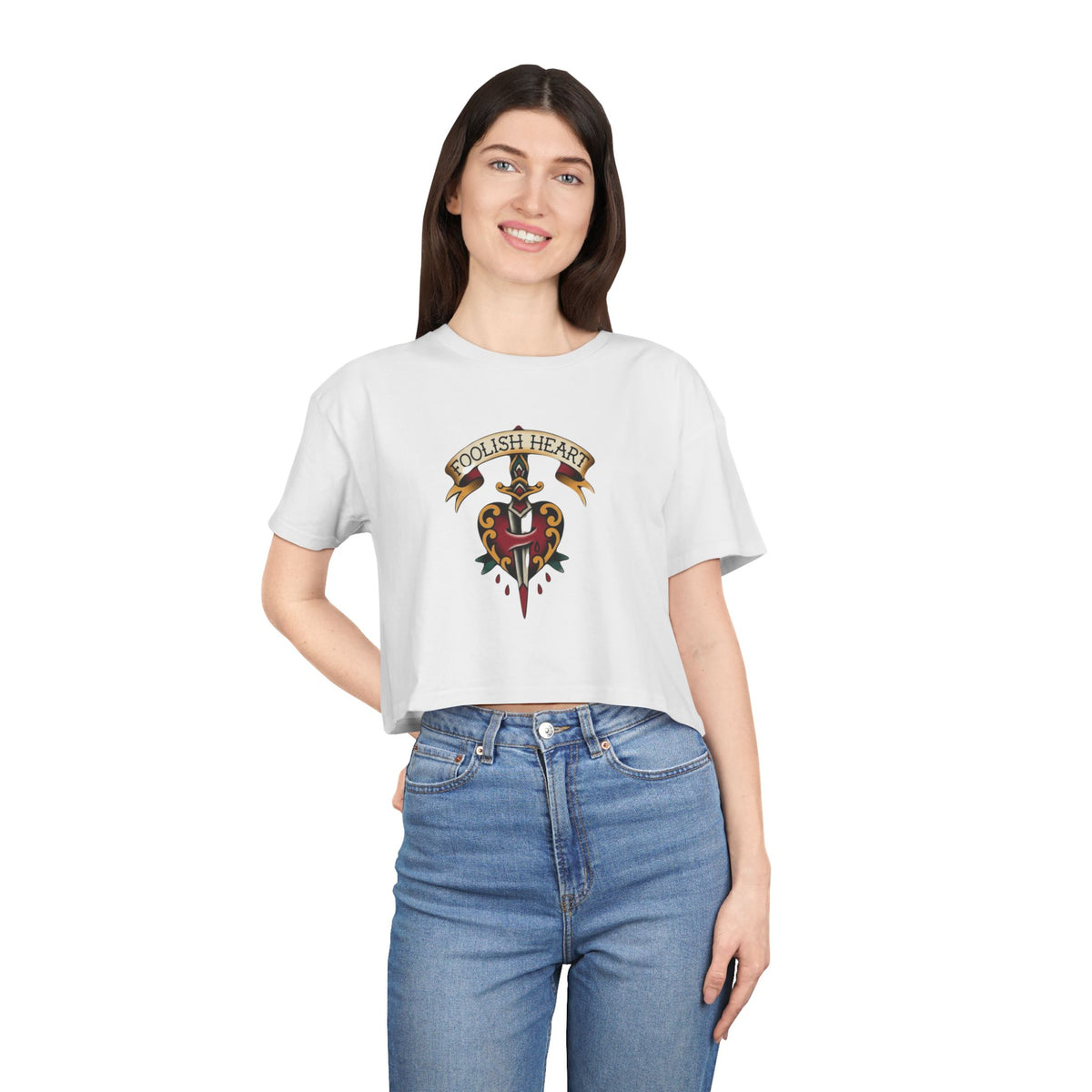Foolish Heart dagger and bleeding heart graphic Crop Tee | vintage tattoo style