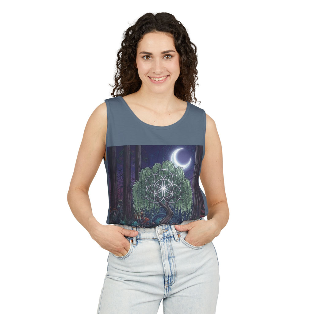Mystical Moonlit Forest Tree Tank Top | Crescent Moon, Geometric Flower of Life