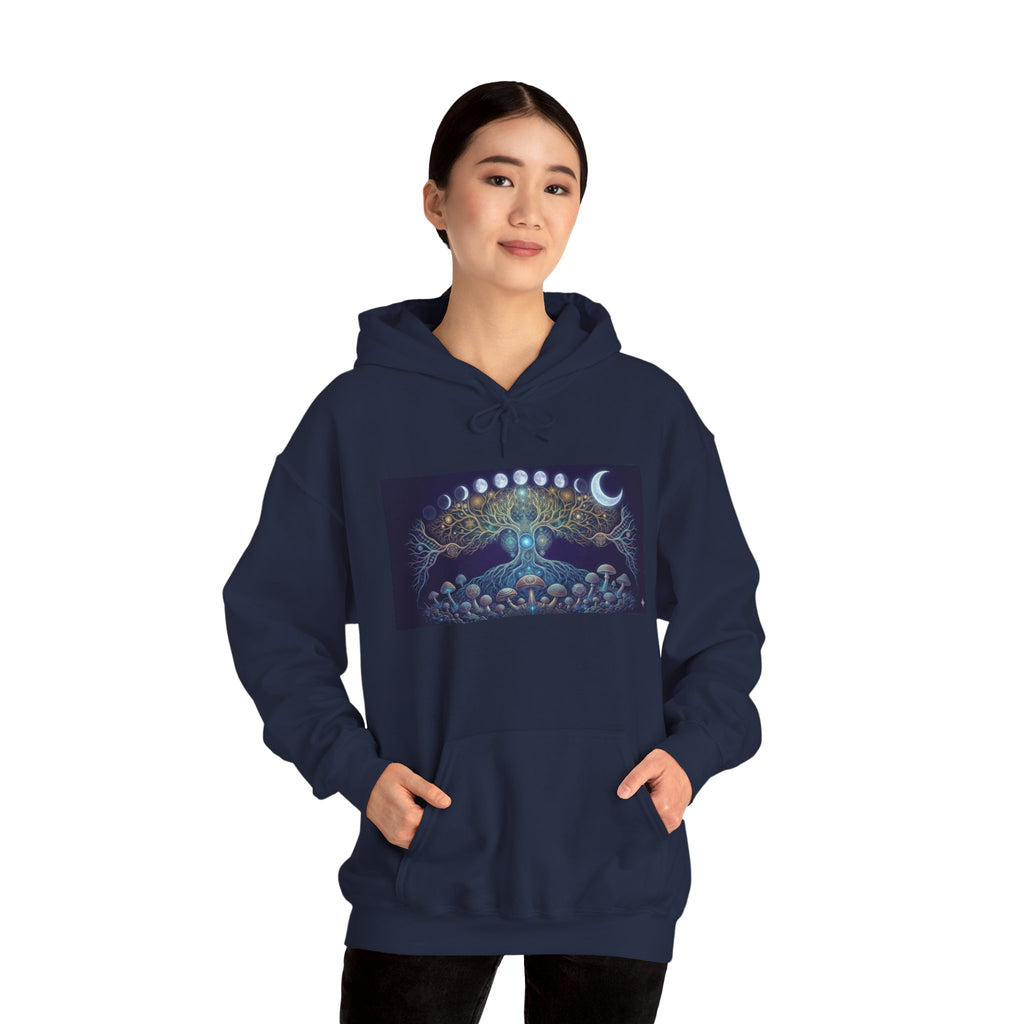 Celestial Tree of Life Hoodie | Moon Phases, Mystic Forest Illustration, Burning Man Apparel