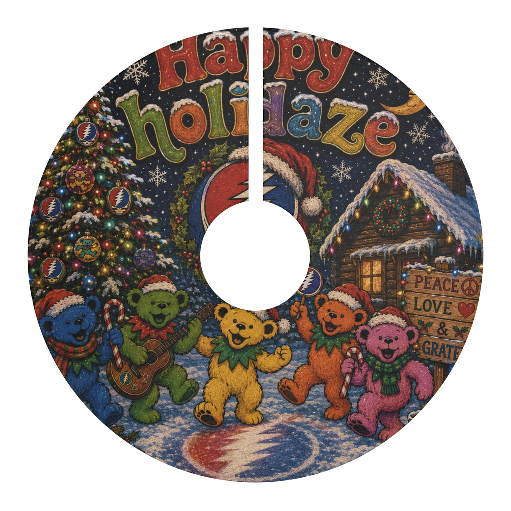 Happy Holidaze Dancing Bears Christmas Tree Skirt | Peace Love Gratitude Holiday Décor, grateful dead inspired