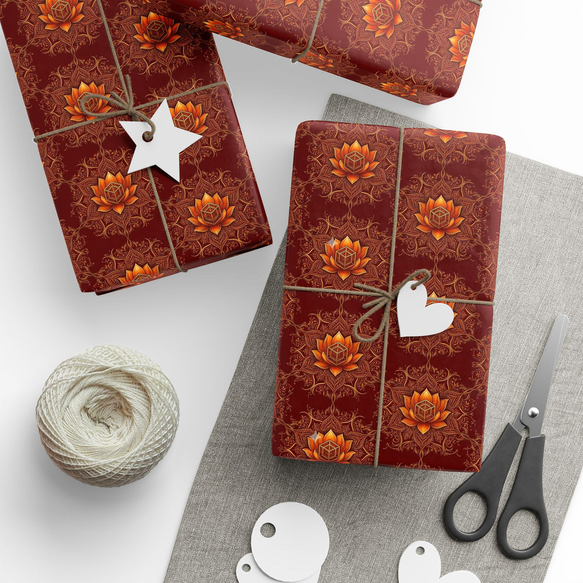 Autumn Floral Mandala Wrapping Papers | Burgundy Lotus Gift Wrap