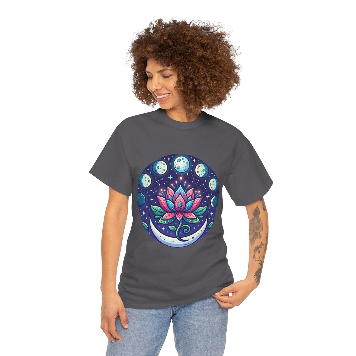 Lotus Moon Phase T-Shirt | Floral Mandala, Celestial Yoga Tee