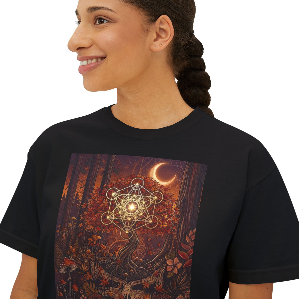 Mystic Forest Mandala Women's Boxy Tee | Crescent Moon, Woodland Animals, Boho Art, deadhead gift