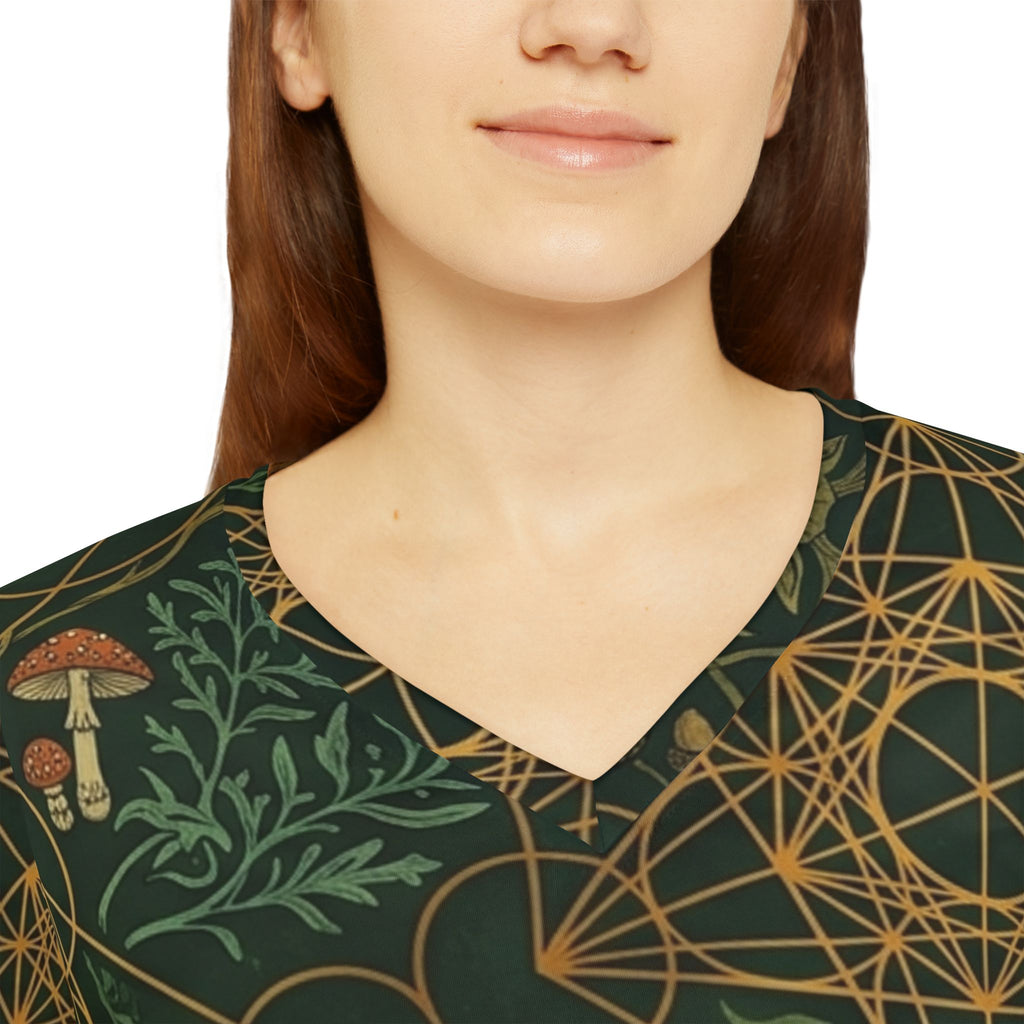 Botanical Geometric Pattern V-neck Long Sleeve Shirt | Mushrooms, Ferns