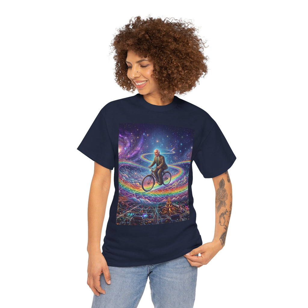 Albert Hoffman Riding Bicycle Through Rainbow Galaxy T-Shirt | Surreal Cosmic Art, Deadhead Gift