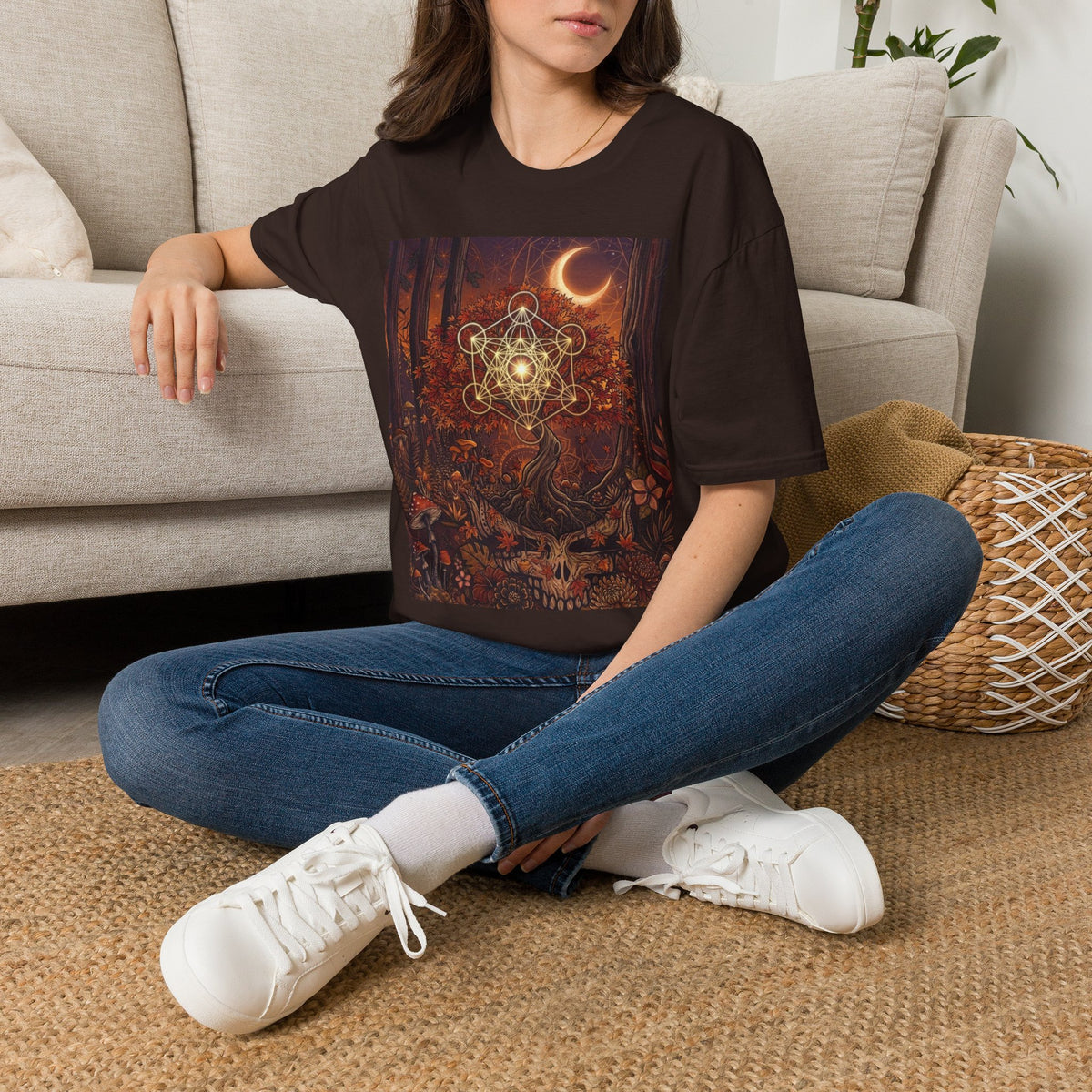 Sacred Geometry Forest Skull T-Shirt | Crescent Moon, Mystical Mushroom Art,Deadhead gift