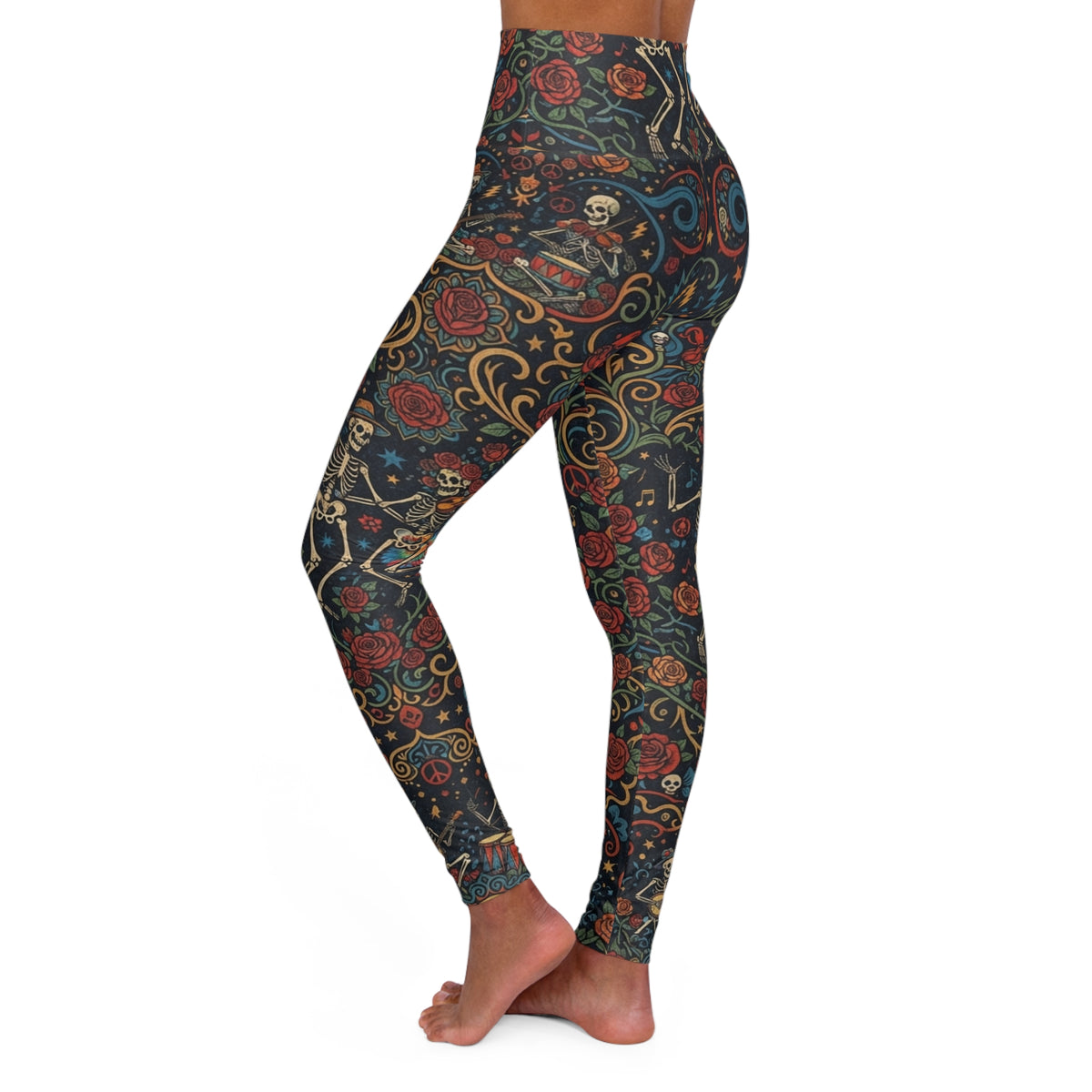 Ornate Deadhead Skeletons High Waisted Yoga Leggings | Dancing in the Street Psychedelic Mandala Festival Pants, Hippie