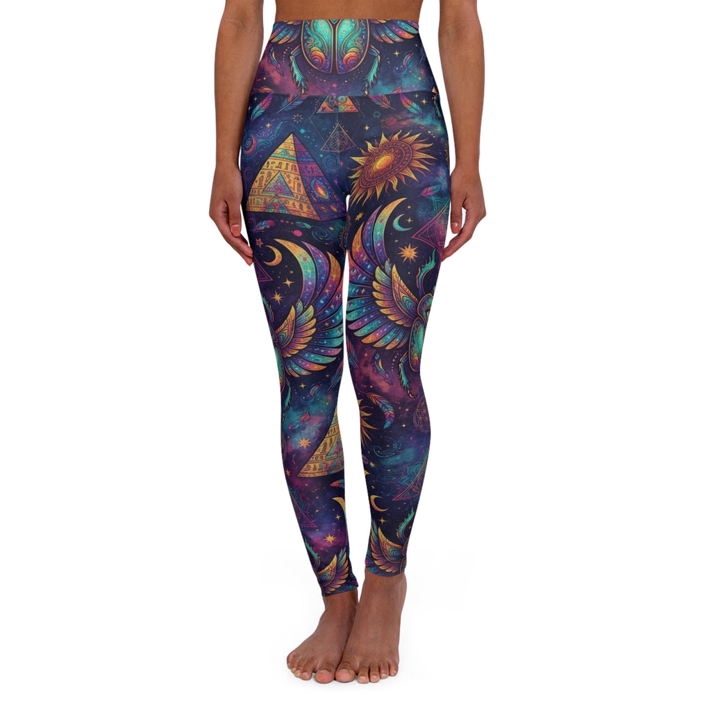 High Waisted Celestial Pyramid Sun & Moon Leggings | Psychedelic Sacred Geometry Scarab Pants, Earth Tone Festival Apparel