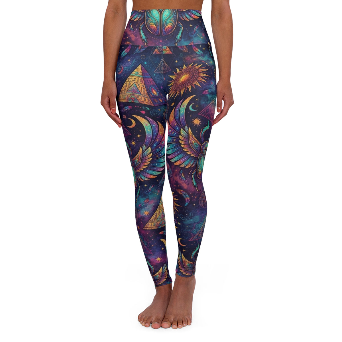 High Waisted Celestial Pyramid Sun & Moon Leggings | Psychedelic Sacred Geometry Scarab Pants, Earth Tone Festival Apparel