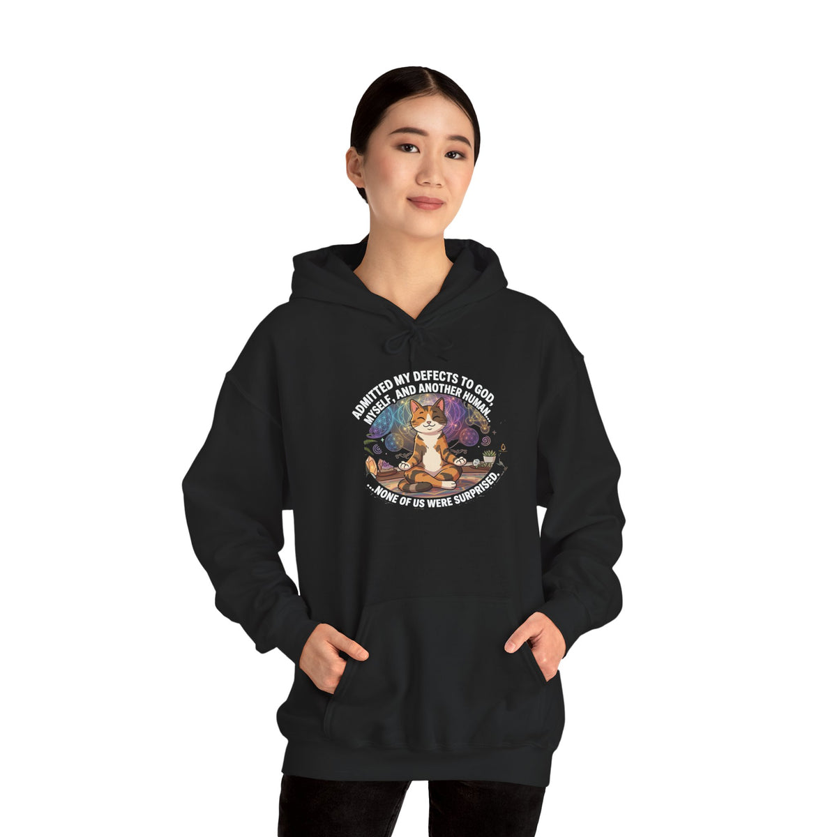 Meditating Cat Recovery Hoodie Funny NA Quote Spiritual Principle Graphic Sweatshirt Sobriety Gift