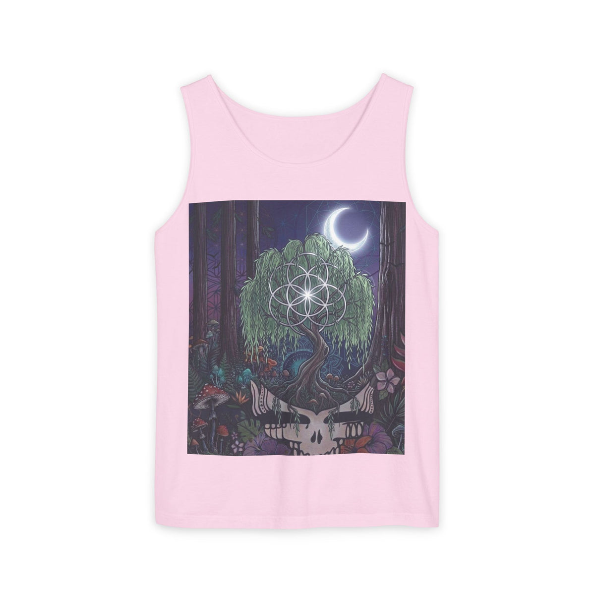 Mystical Moonlit Forest Tree Tank Top | Crescent Moon, Geometric Flower of Life