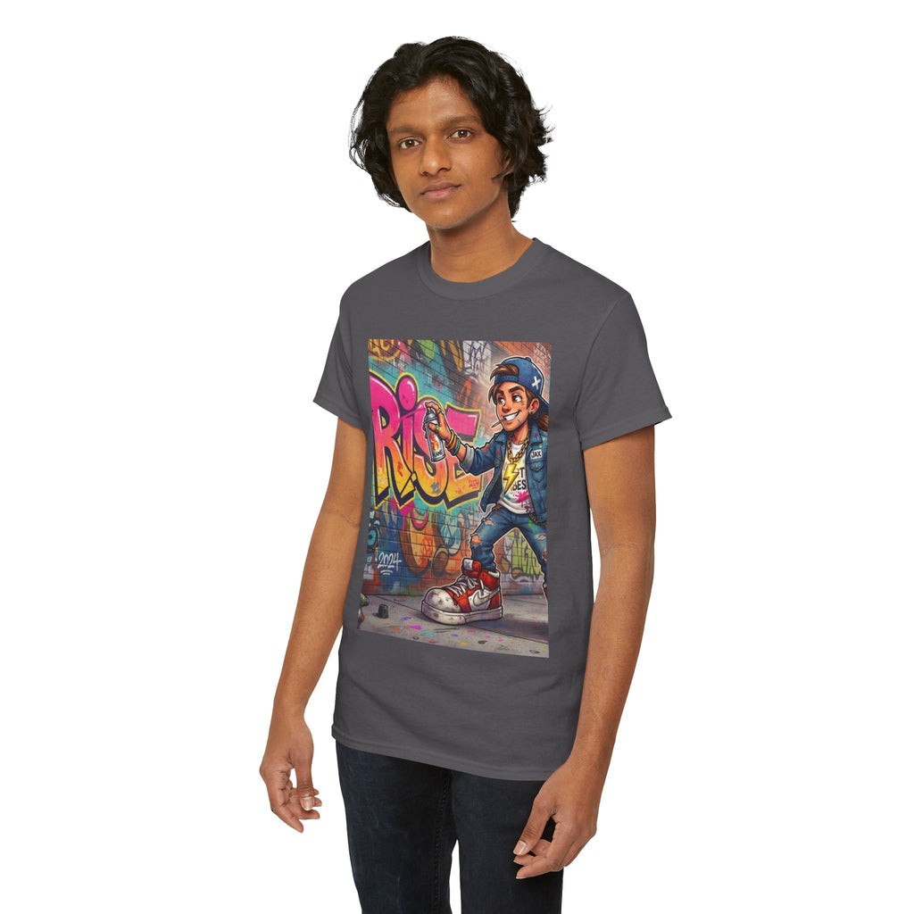 Graffiti Kid Skateboard Art T-Shirt | Urban Streetwear, Colorful Spray Paint Design