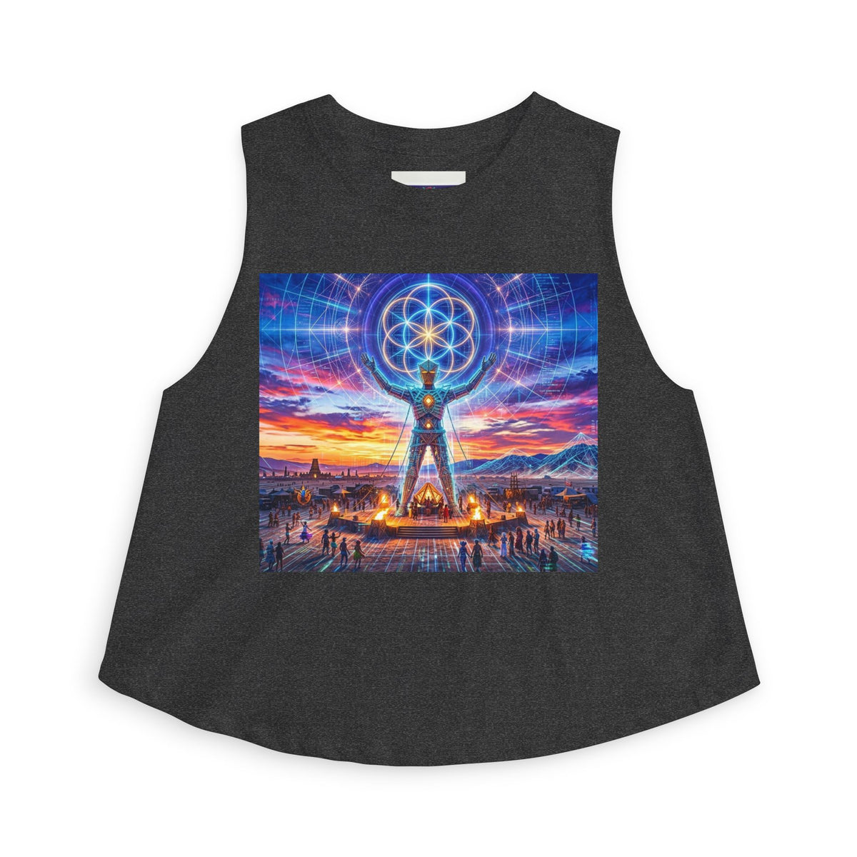 Sacred Geometry Burner Figure Crop Top | Psychedelic Sunset Temple, Black Rock City, Feel the Burn, Burning Man Vision Quest