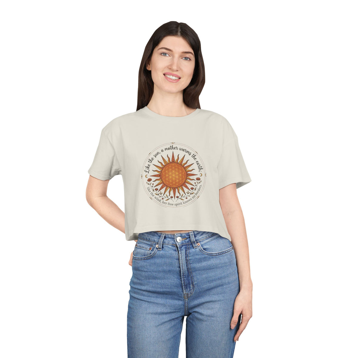 Boho Sun Illustration Crop Tee | Radiant Sunflower Graphic Top