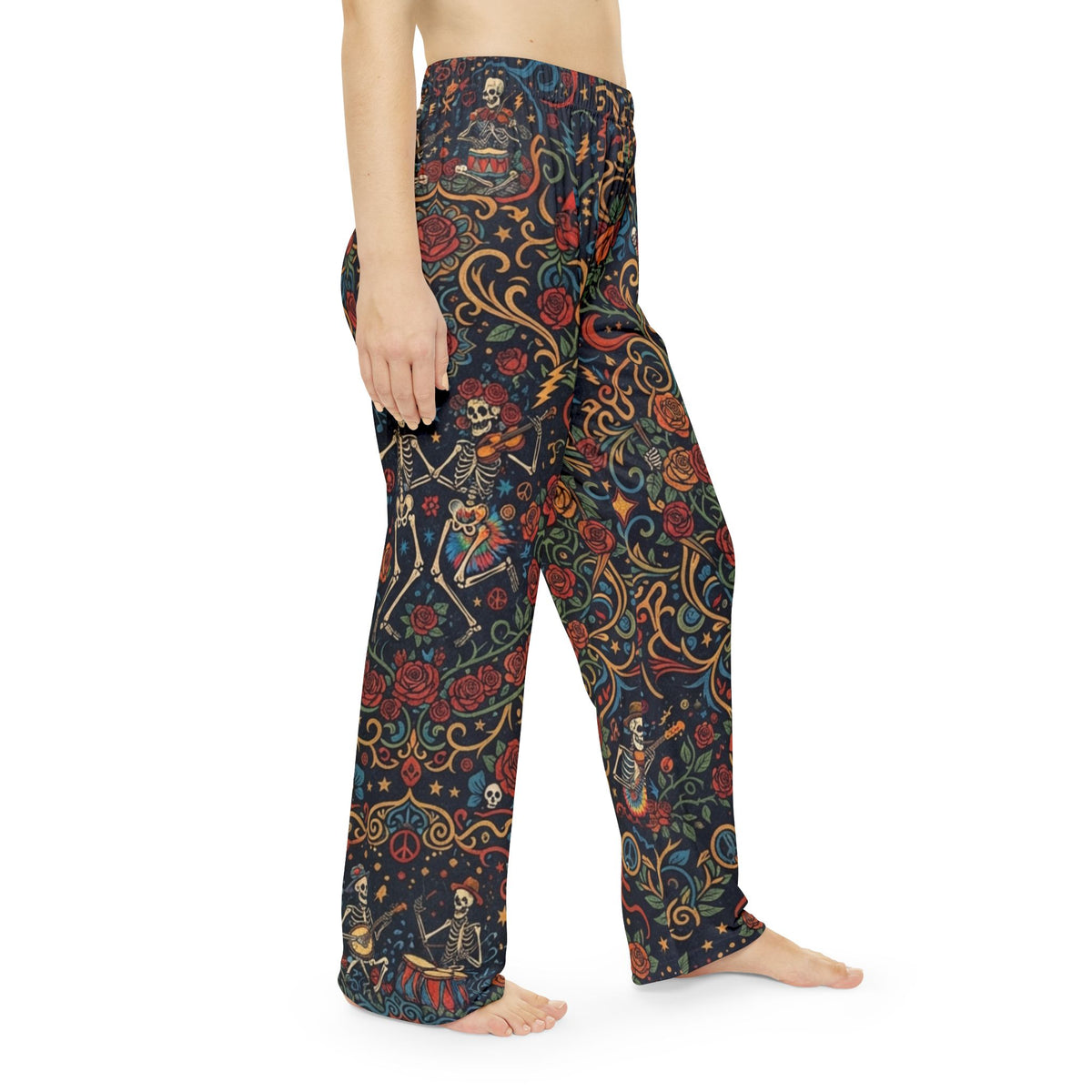 Ornate Deadhead Skeleton Pajama All-Over Print Loungewear Sleep Bottoms, Psychedelic Sacred Geometry Hippie Festival Pjs