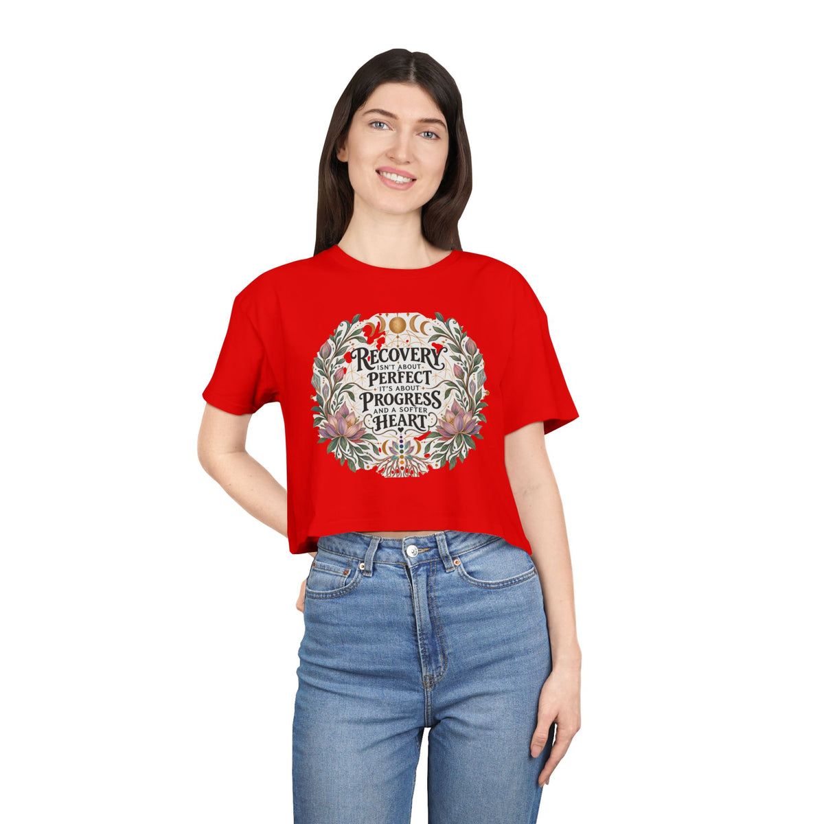 Recovery Is Progress Crop Tee | Floral Laurel Design, Inspirational Quote