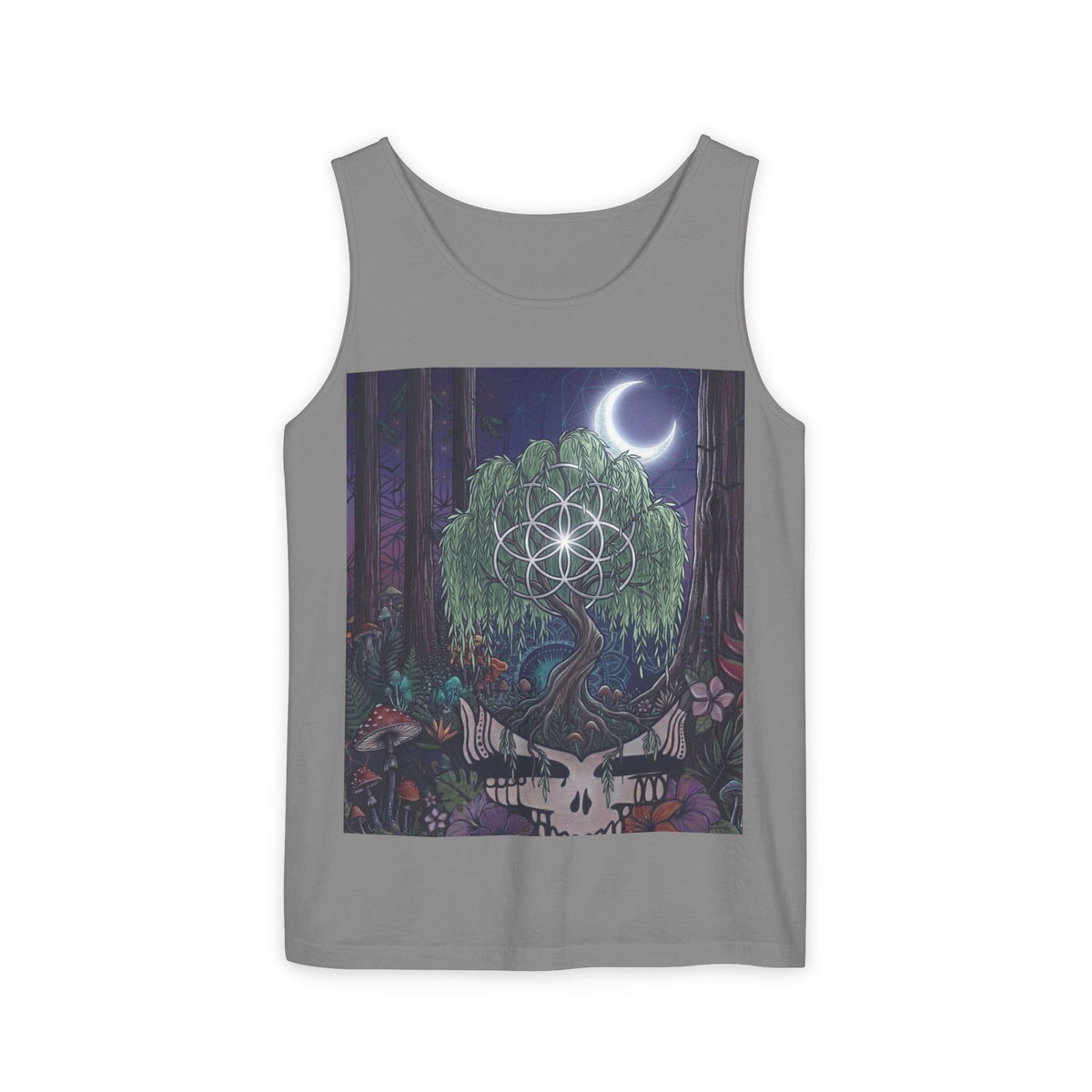 Mystical Moonlit Forest Tree Tank Top | Crescent Moon, Geometric Flower of Life