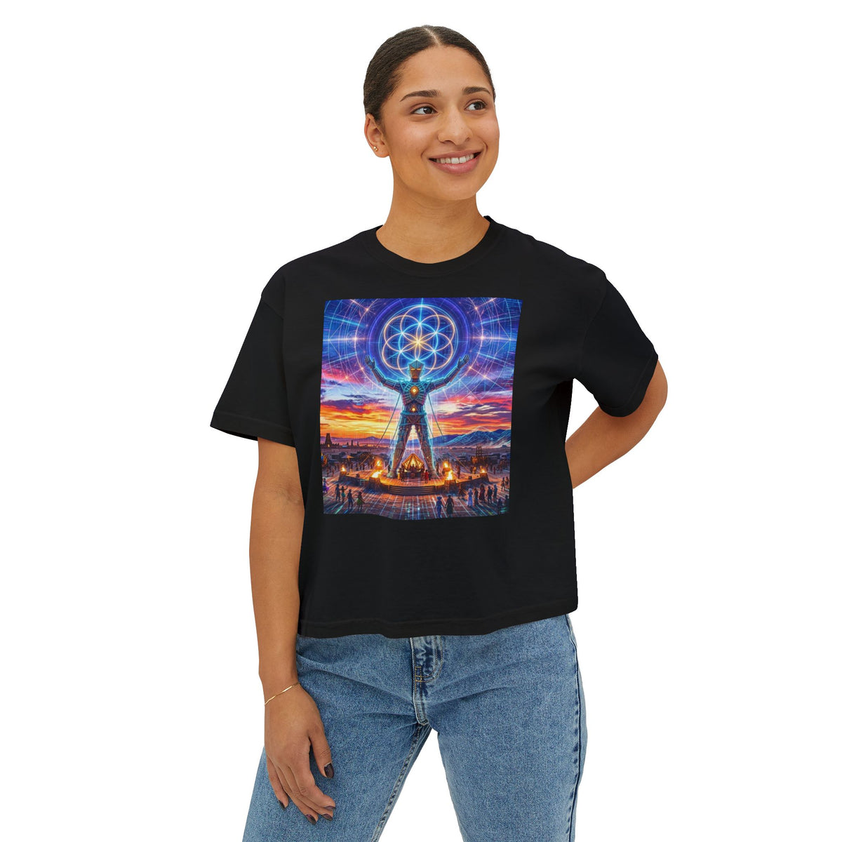 Sacred Geometry Stargazer Tee | Spiritual Mandala Figure, Cosmic Sunset