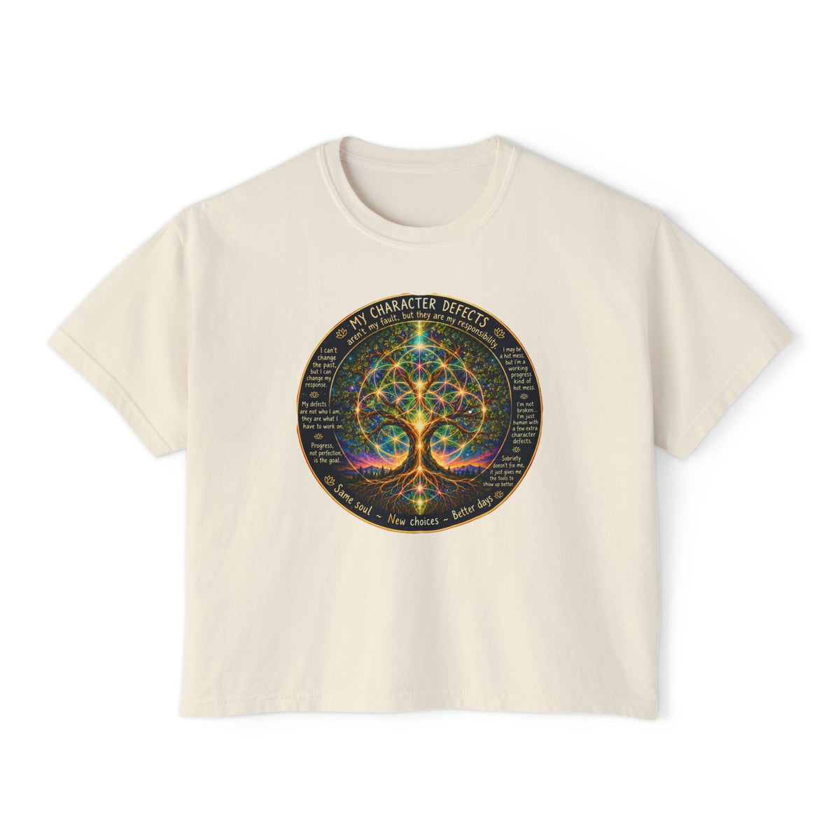 NA Recovery Tree of Life Mandala Women's Boxy Tee, Spiritual Chakra Yoga Shirt, Twelve Step Fellowship Slogan Crop T-Shirt