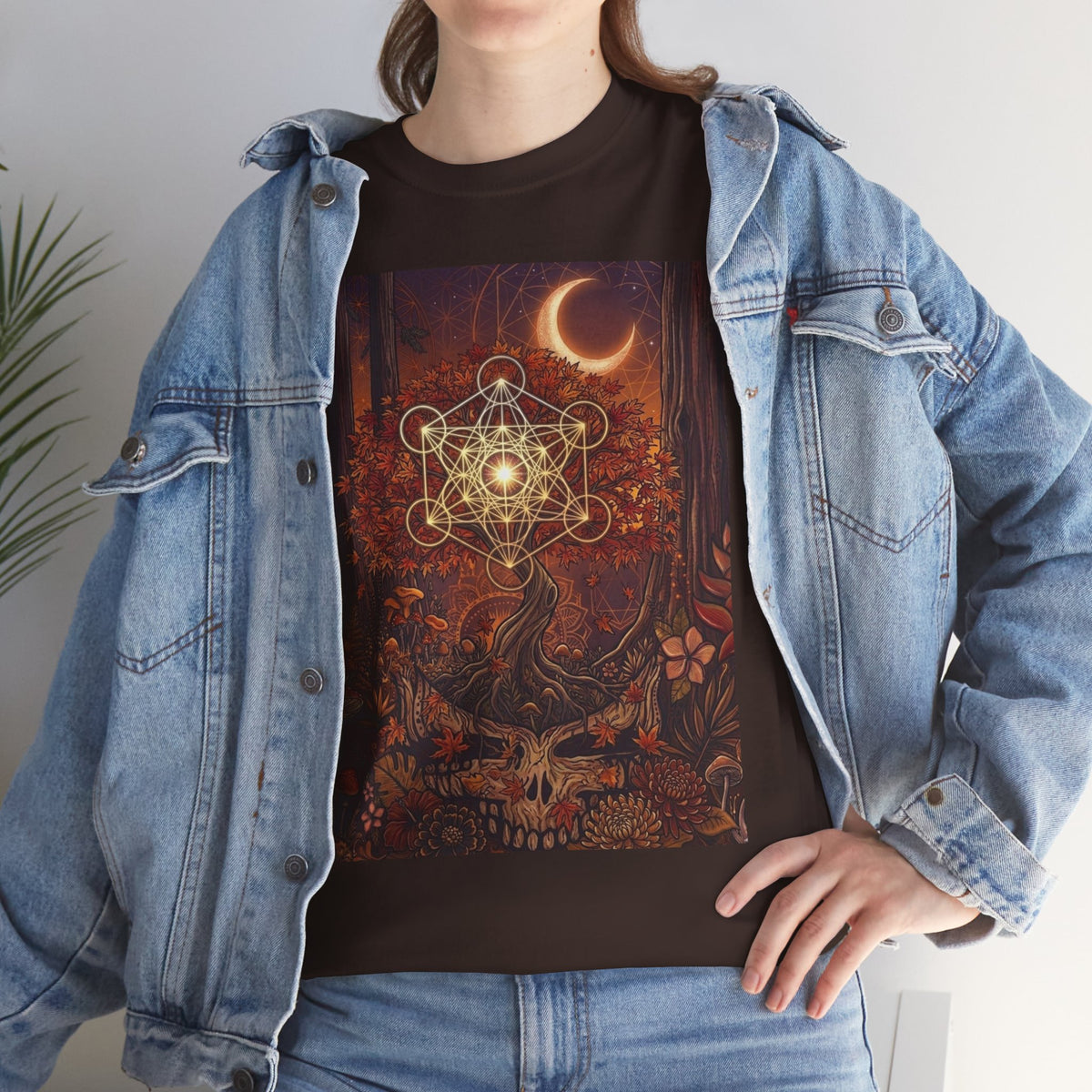 Metatron's Cube Crescent Moon T-Shirt | Mystic Forest Skull Design, Deadhead gift