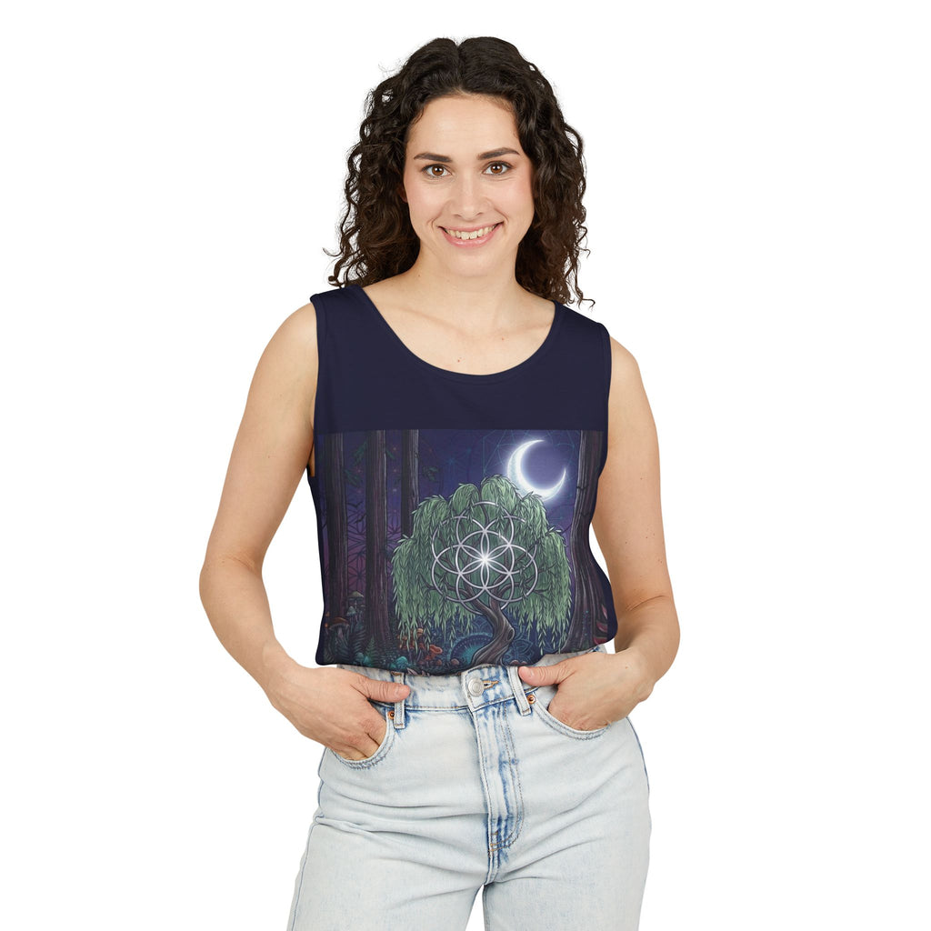 Mystical Moonlit Forest Tree Tank Top | Crescent Moon, Geometric Flower of Life