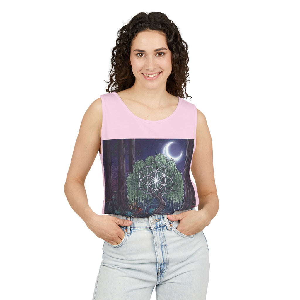 Mystical Moonlit Forest Tree Tank Top | Crescent Moon, Geometric Flower of Life