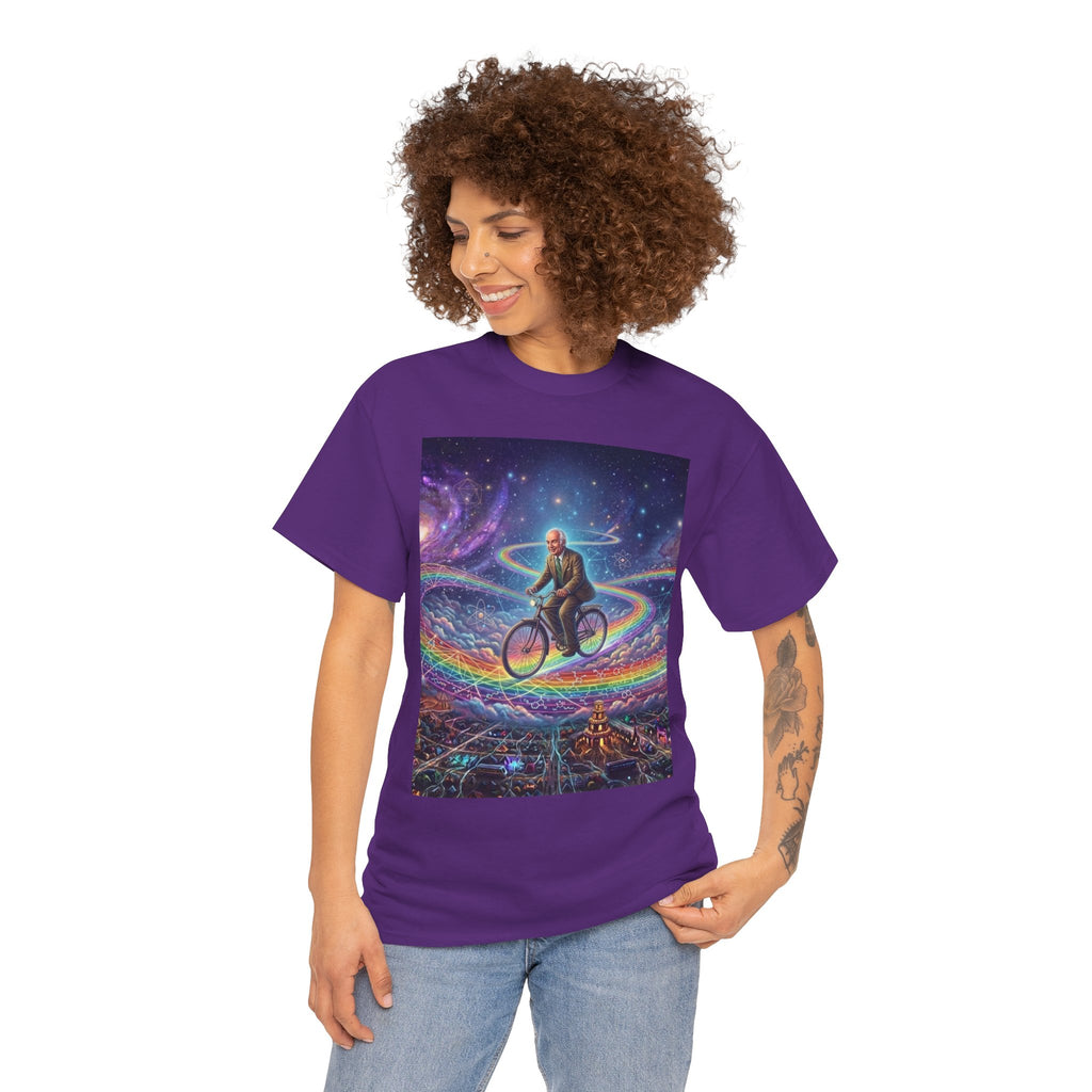 Albert Hoffman Riding Bicycle Through Rainbow Galaxy T-Shirt | Surreal Cosmic Art, Deadhead Gift