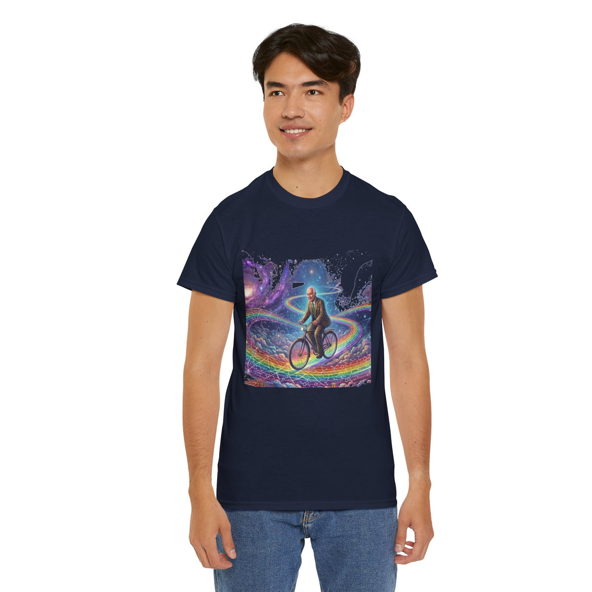 Albert Hoffman Surreal Cosmic Bicycle Rider T-Shirt | Rainbow Galaxy Cyclist, Deadhead gift