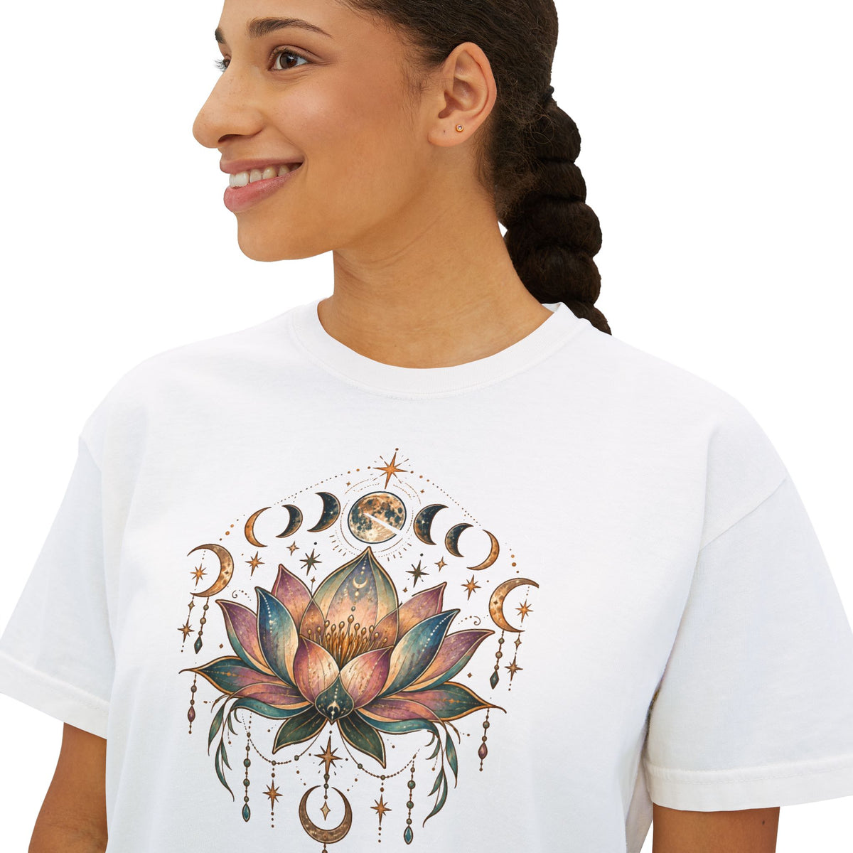 Lotus Moon Phases Tee | Floral Mandala, Celestial Lotus T-shirt