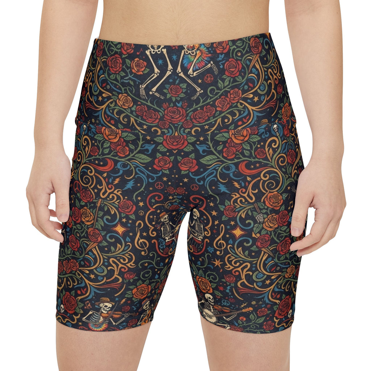 Ornate Deadhead Skeleton Pattern Biker Shorts | High Waisted Yoga Workout Shorts, Psychedelic Sacred Geometry Earth Tone