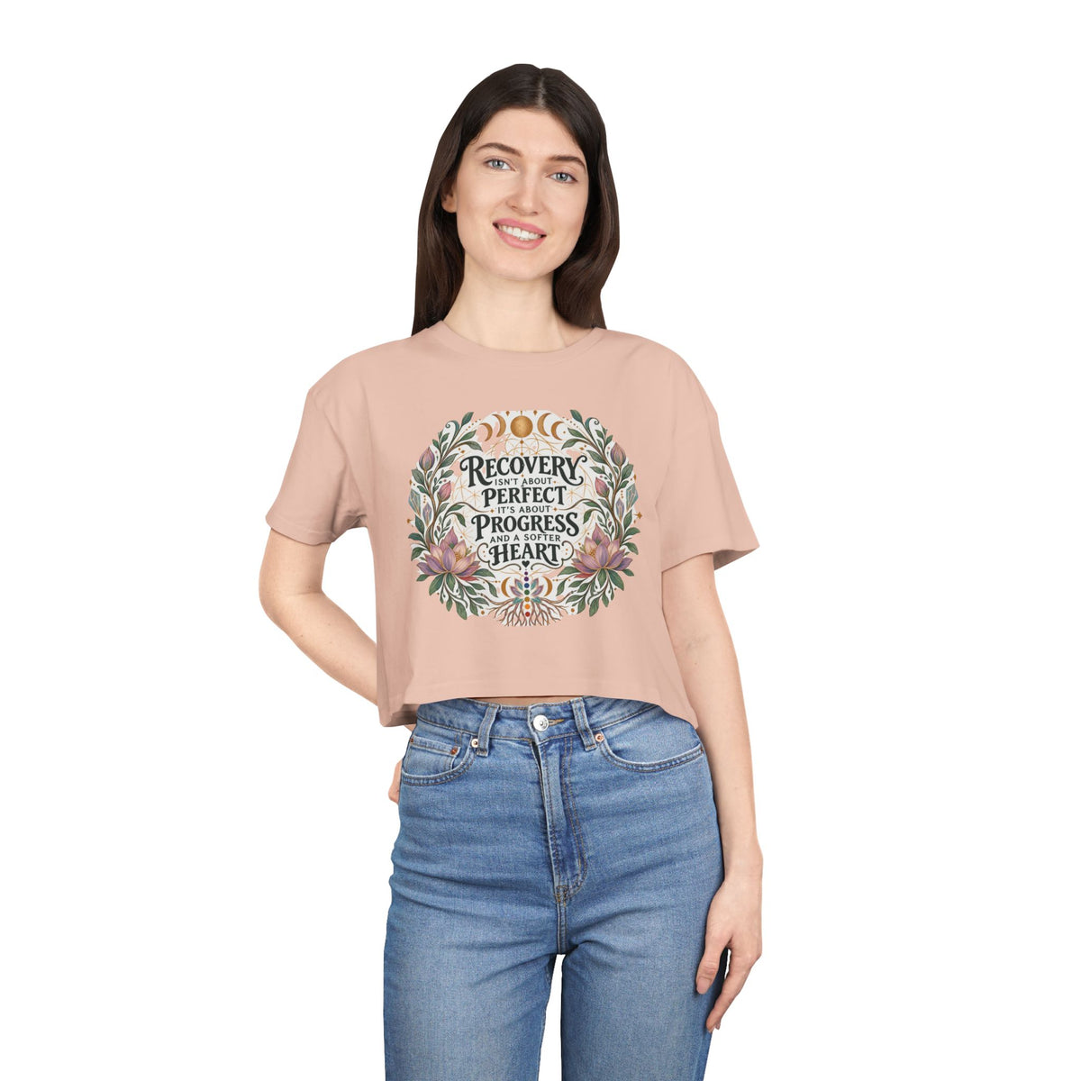 Recovery Is Progress Crop Tee | Floral Laurel Design, Inspirational Quote