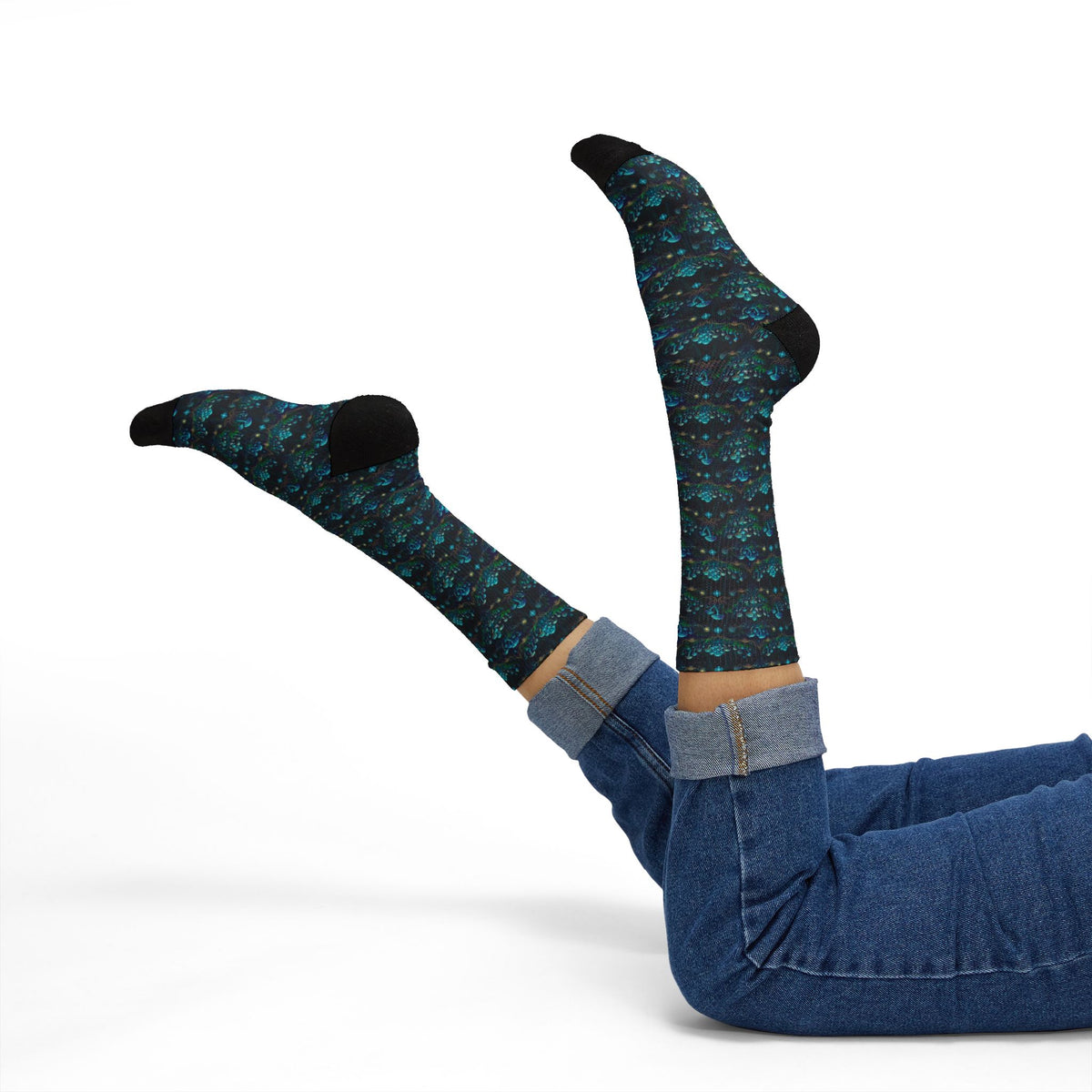 Teal Mushroom Socks Pattern Socks | Sublimation Crew Socks, Boho, Sacred Geometry